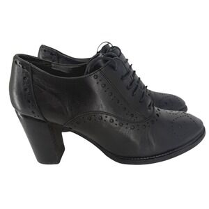Frau Womens Black Leather Brogue Oxford Block Heels Made in Italy Size 40 EU